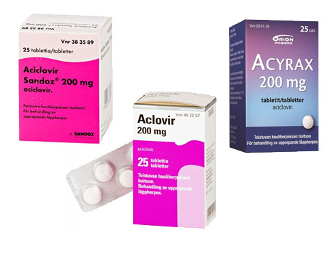 Asikloviiri tabletteina (Aciclovir Sandoz , Aclovir ja Acyrax)