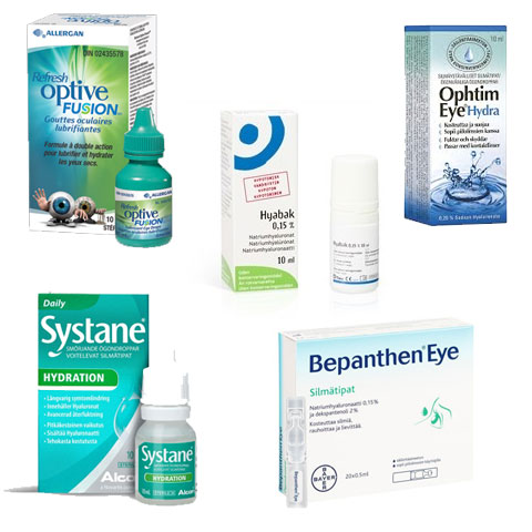 Hyaluronaattia sisältäviä Bepanthen Eye, Hyabak, Ophtim Eye, Optive Fusion, Systane Hydration